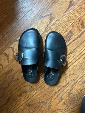 Bio Green Black Leather Clogs with Gold Buckle Detail